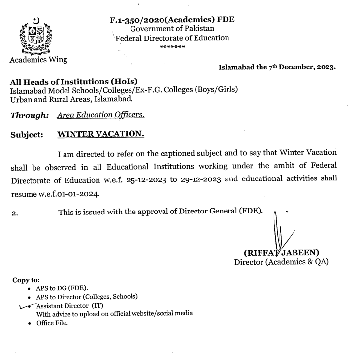 Islamabad Schools Winter Vacations 2023 by FDE