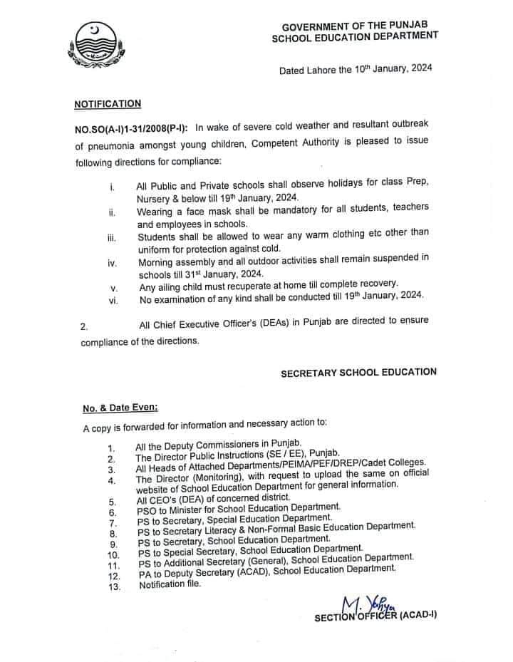 Notification Issued for Extension of Winter Vacations for Nursery Prep