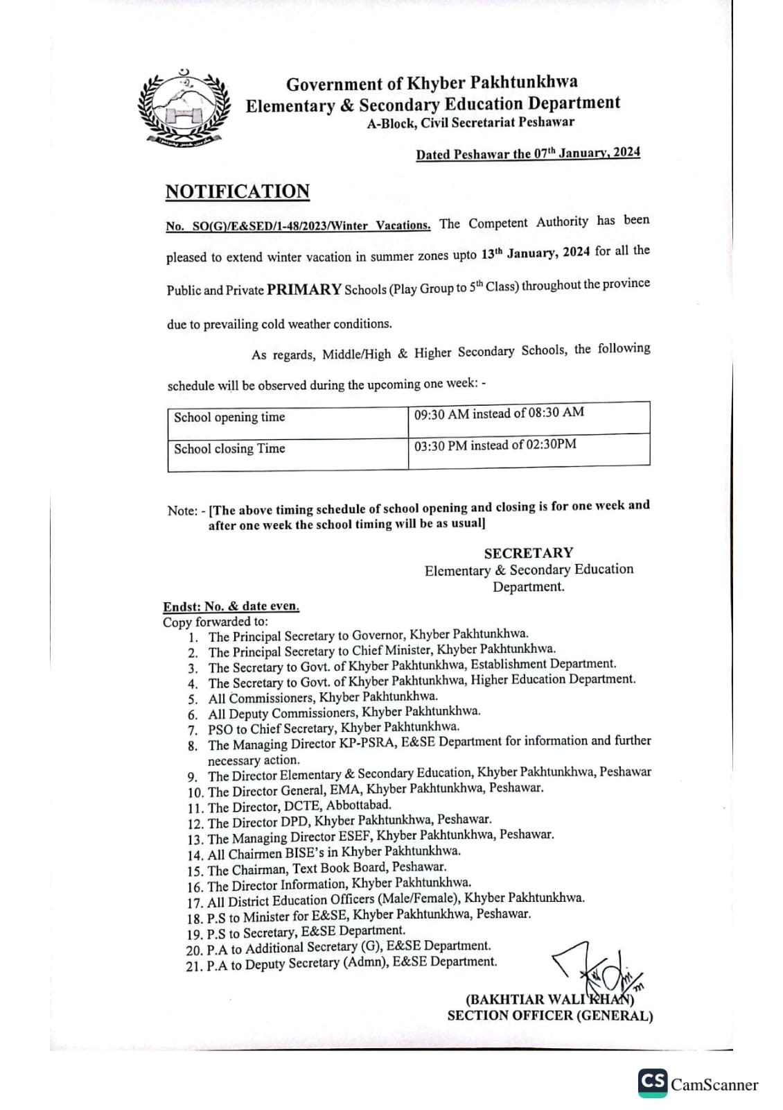 Winter Vacation is Extended in KPK till 13 January 2024