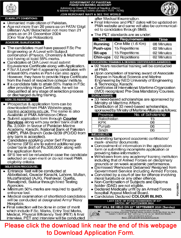 Pakistan Marine Academy Karachi Admission 2025 26 Last Date