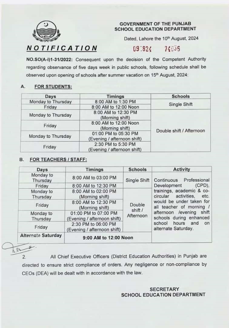 New School Timings in Punjab from 15 August 2024