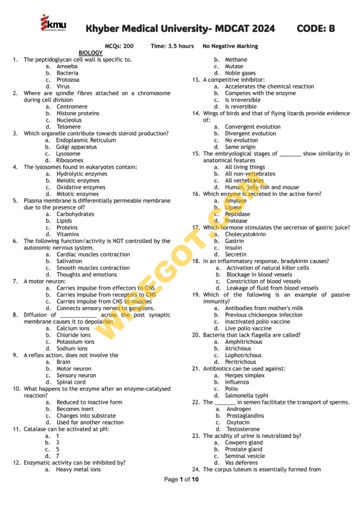 KMU MDCAT Answer Key 2024 