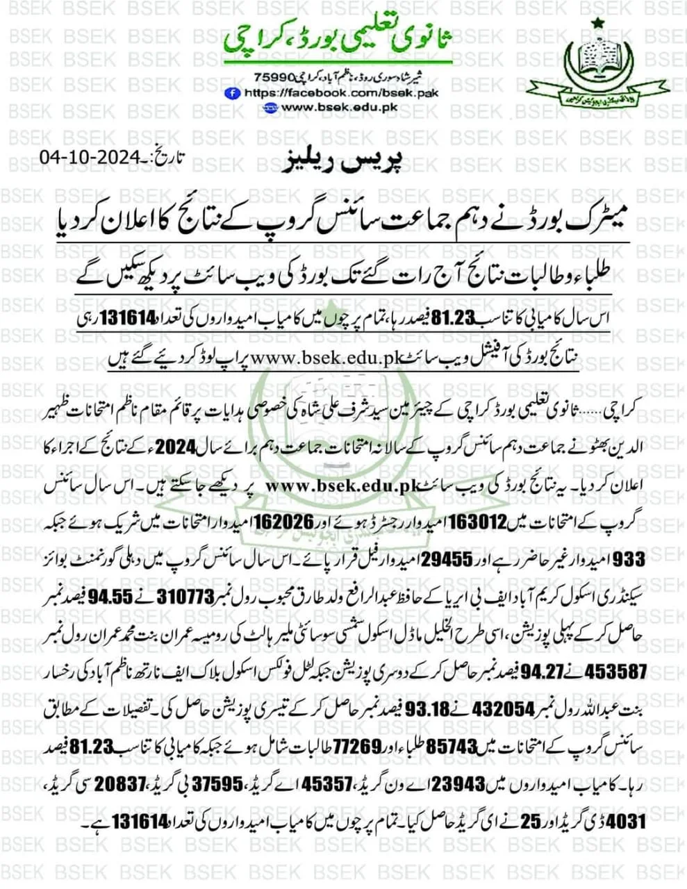 Sindh Board 10th Class Result Science Group 2024