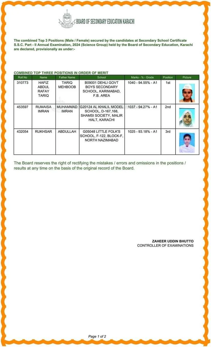 BSEK Karachi Board 10th Class Result 2024 Science Group