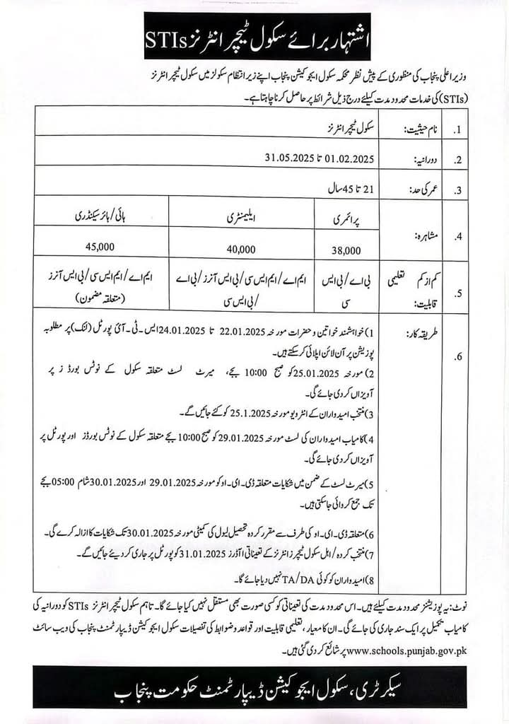 STI Jobs 2025 Online Application Form via schools.punjab.gov.pk