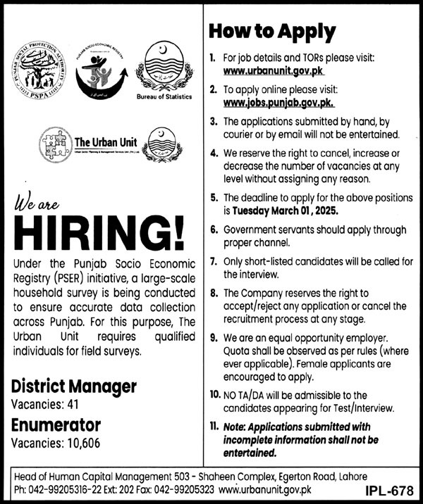 PSER Urban Unit Jobs 2025 Advertisement Paper