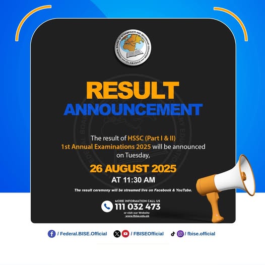 FBISE Board HSSC Part 1 and Part 2 Position Holder Result 2025